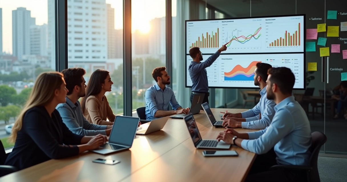 Profissionais de marketing em reunião estratégica em escritório moderno em São Bernardo do Campo 