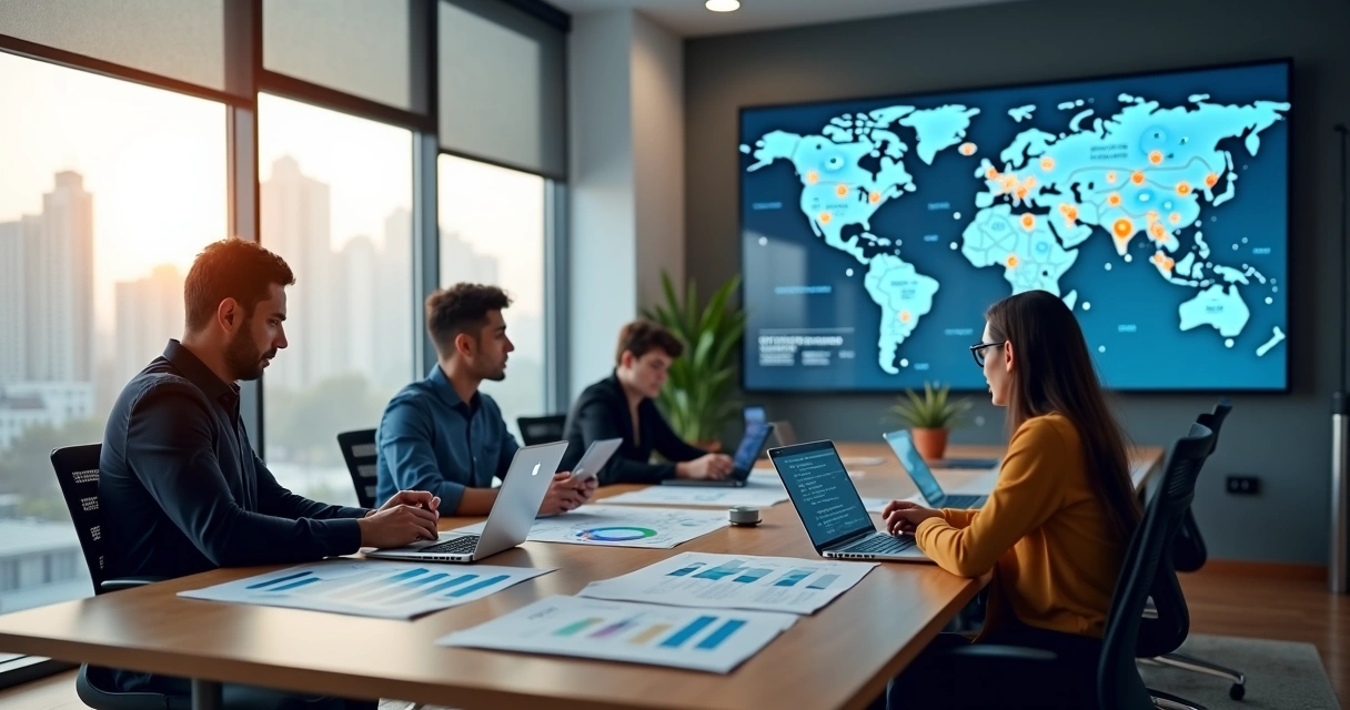 Equipe de marketing reunida em escritório moderno com mapa de São Caetano do Sul ao fundo 