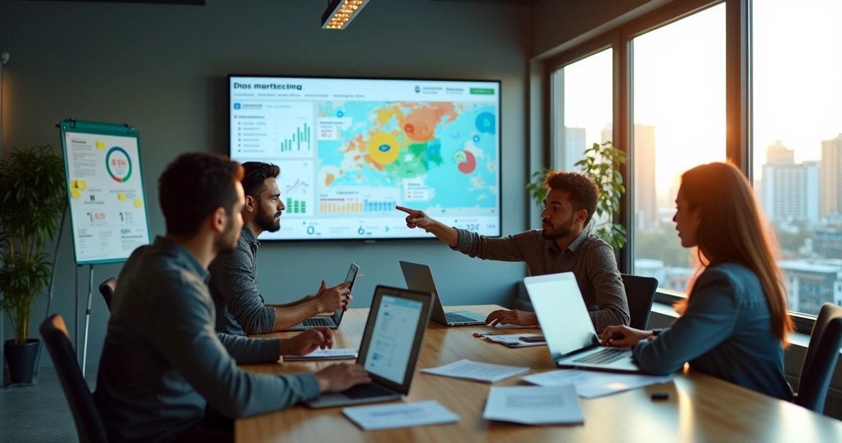 Equipe de marketing em reunião estratégica em escritório moderno em São Gonçalo 