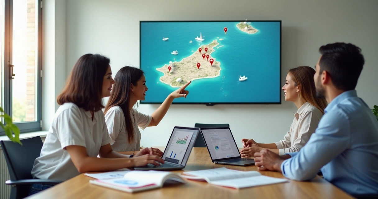 Equipe de marketing reunida em escritório moderno com mapa de São José de Ribamar em tela ao fundo 