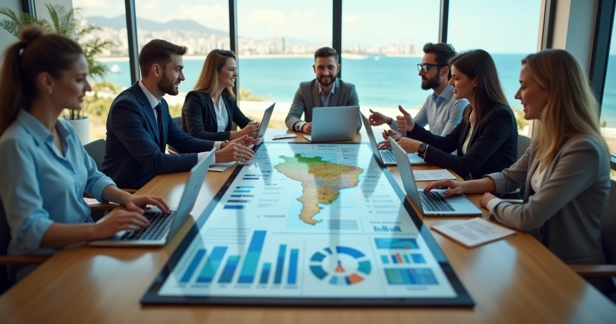 Equipe de marketing reunida em mesa com laptop e gráficos digitais ao fundo 