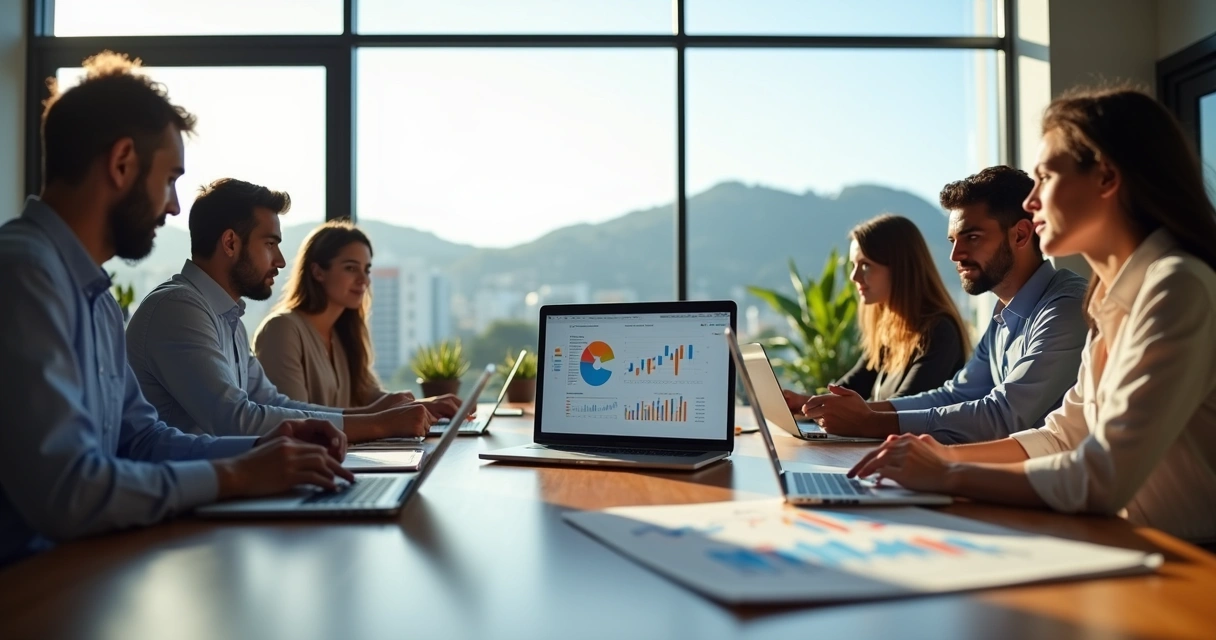 Equipe de marketing reunida em mesa moderna analisando gráficos digitais 