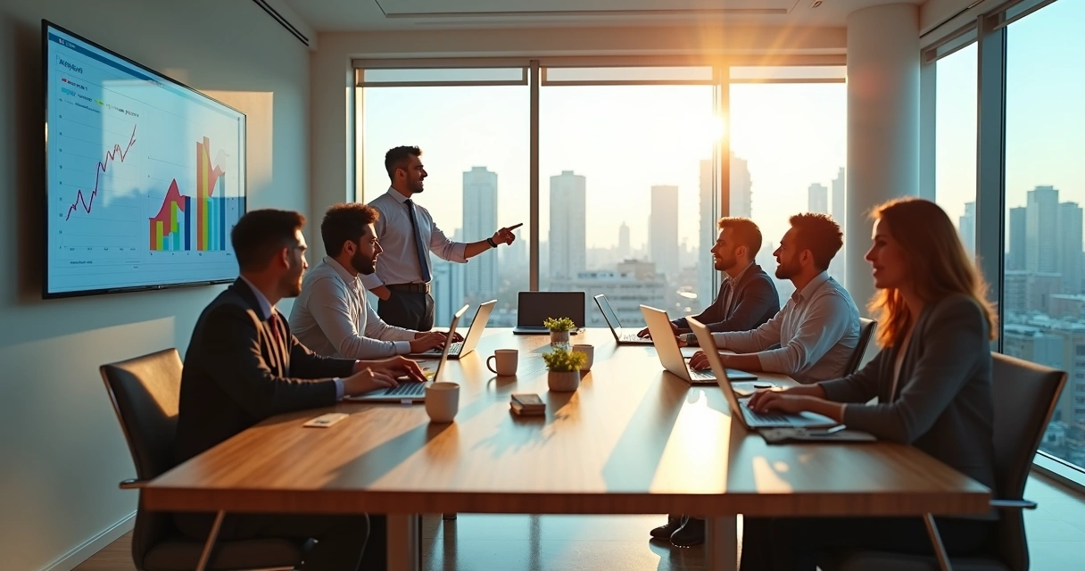 Equipe de marketing reunida em sala de reunião moderna analisando gráficos em São José do Rio Preto 