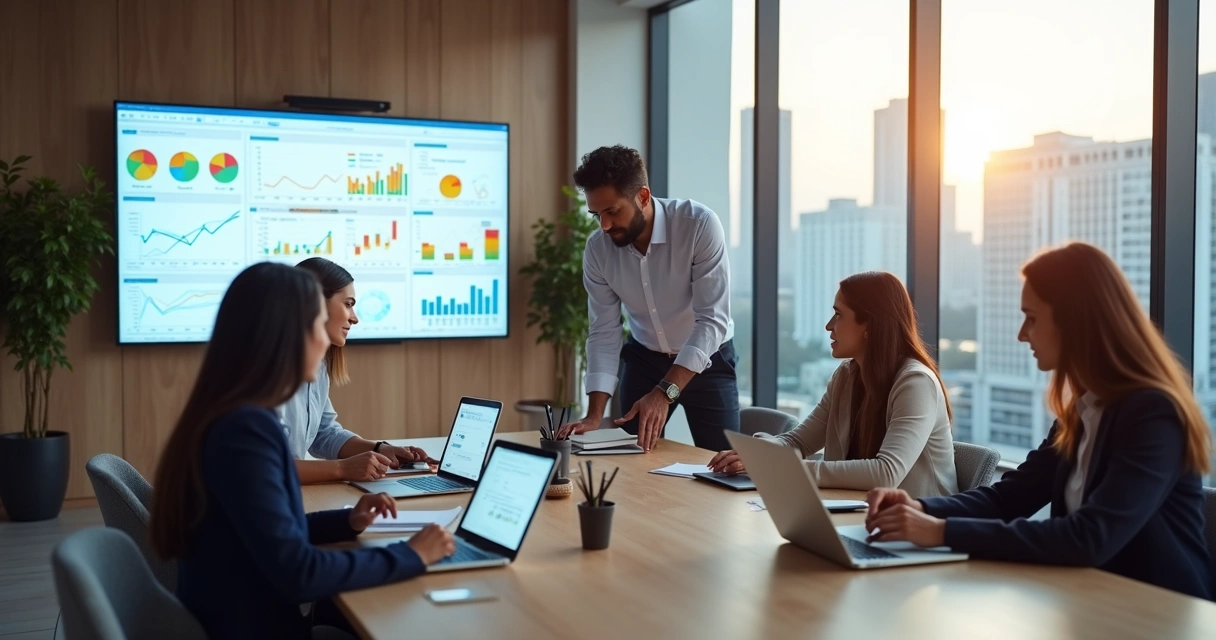 Equipe de marketing em reunião estratégica em escritório moderno com vista de São Paulo 