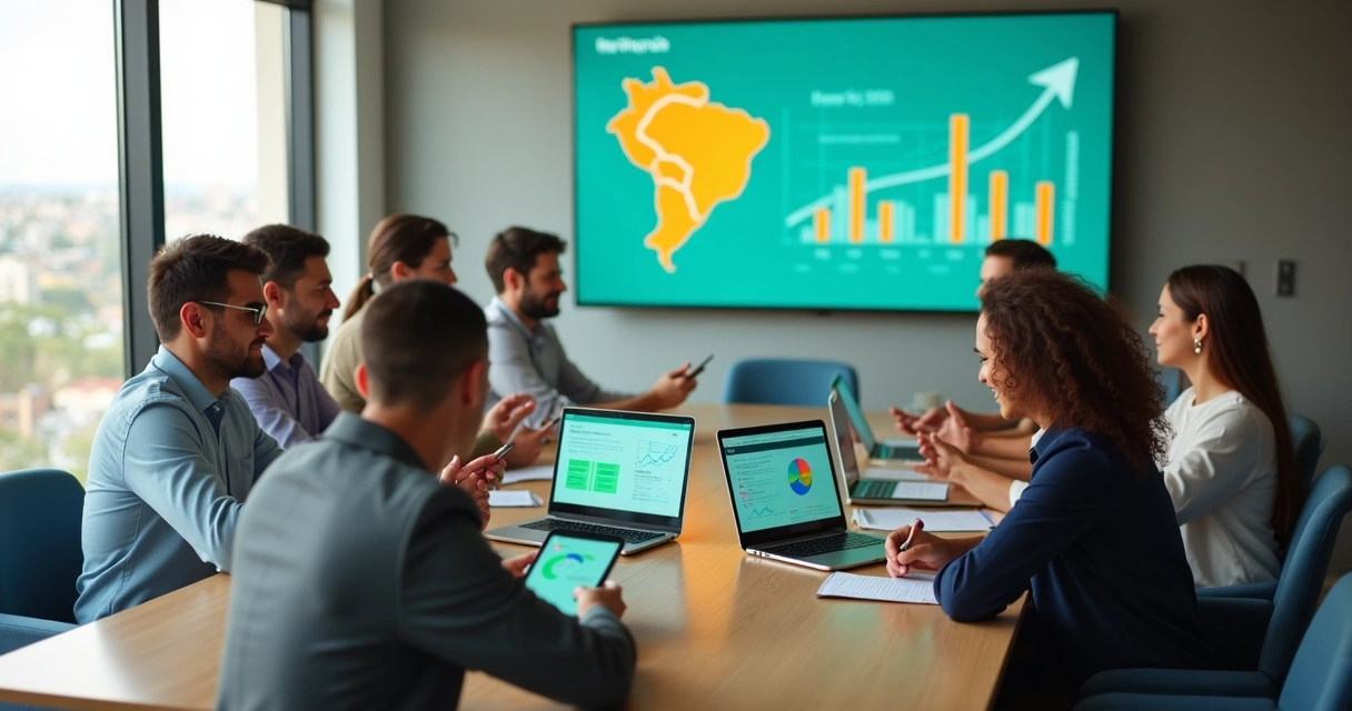 Reunião de equipe de marketing analisando gráficos em escritório moderno 