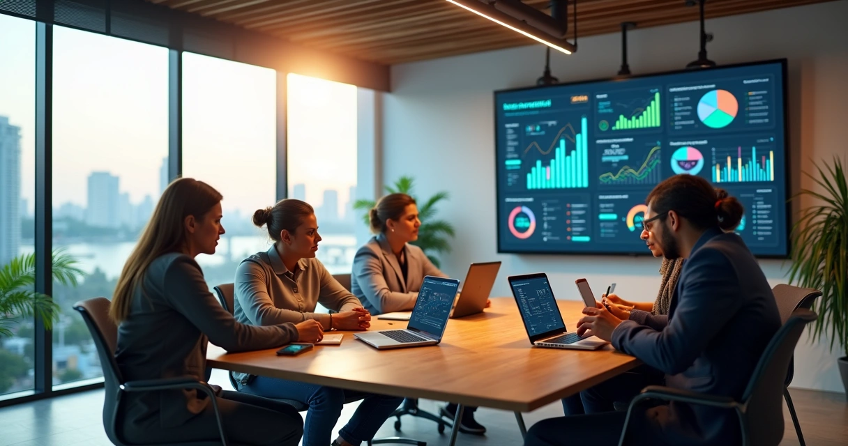 Equipe de marketing reunida em escritório moderno analisando gráficos em tela grande 