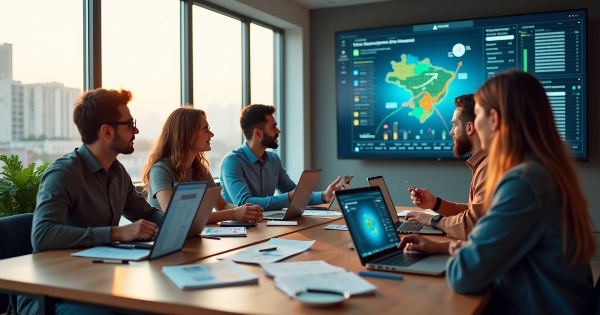 Equipe de marketing em reunião estratégica em escritório moderno 