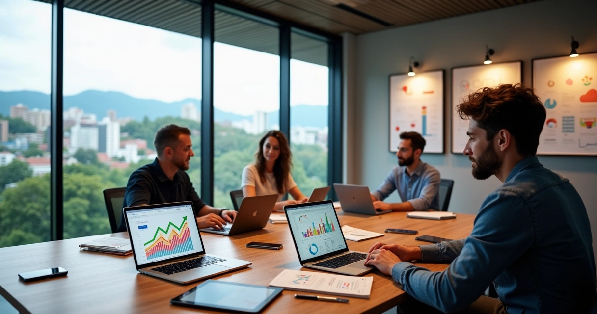 Profissionais de marketing em escritório moderno analisando gráficos digitais 