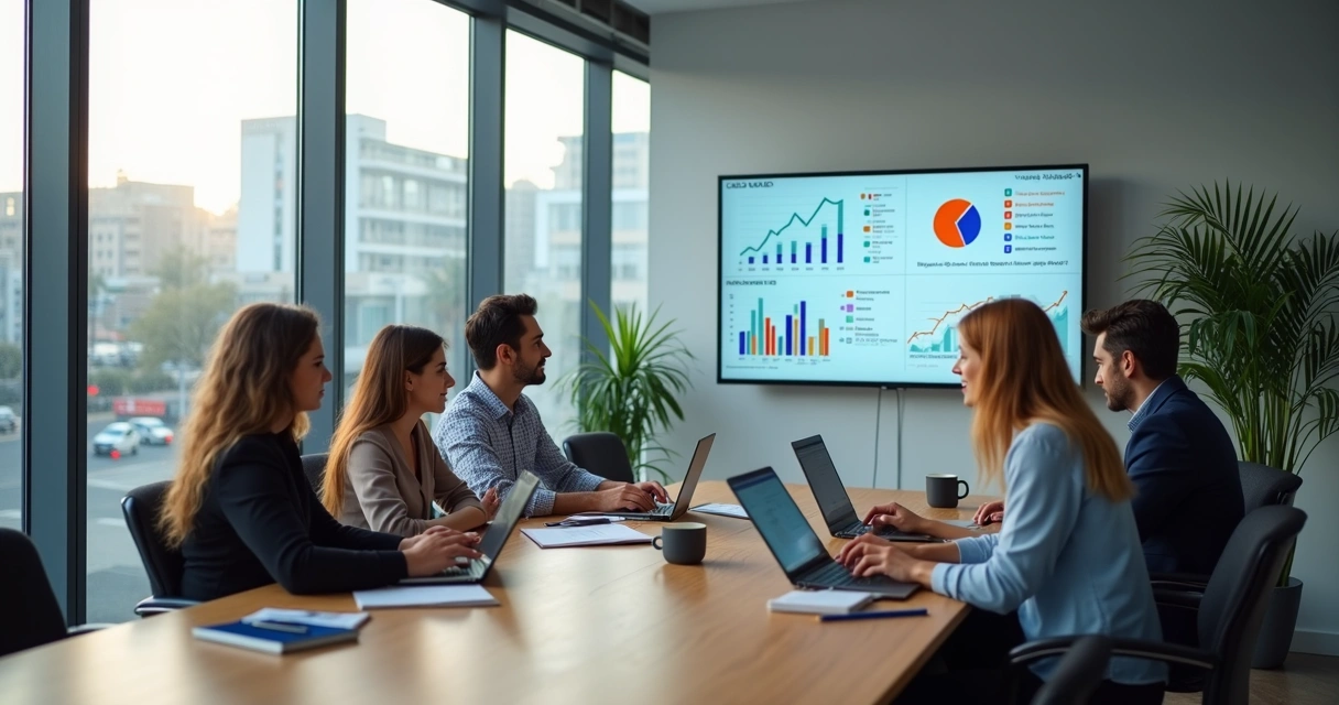 Equipe de marketing reunida em escritório moderno analisando gráficos digitais 