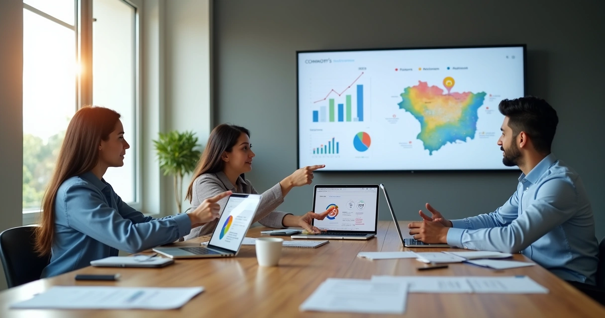 Reunião de equipe de marketing em escritório moderno com mapas de Timon na tela 