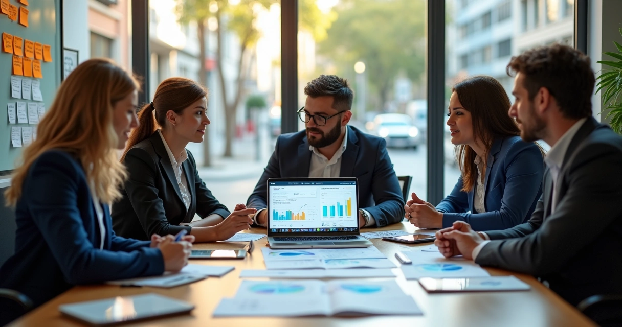 Equipe de marketing reunida em escritório moderno analisando gráficos em notebook 