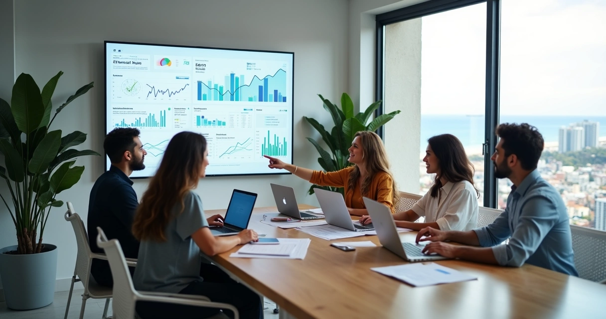 Equipe de marketing reunida em escritório moderno em Vila Velha analisando gráficos digitais 