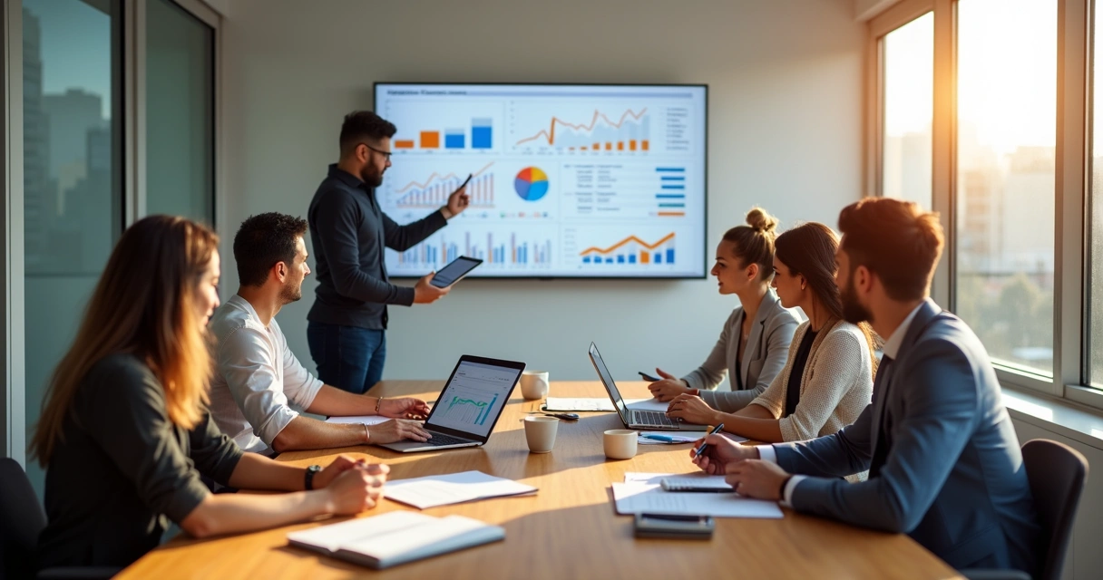 Mesa de reunião com equipe de marketing analisando gráficos em notebooks 
