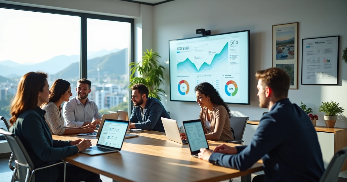Equipe de marketing reunida em escritório moderno em Vitória 