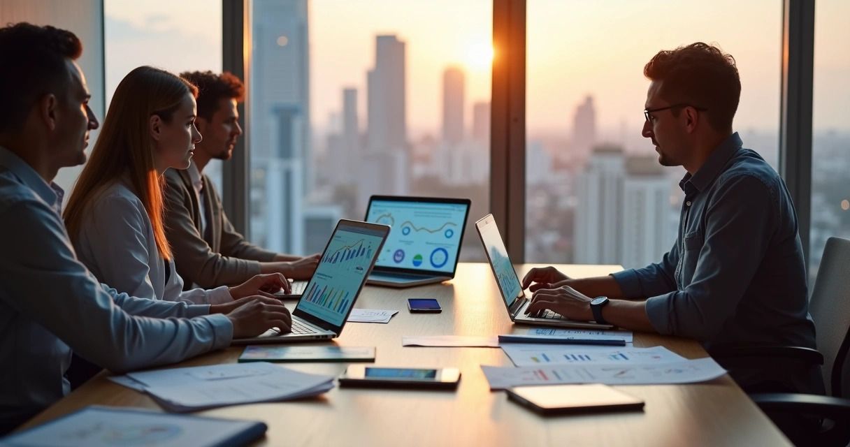 Mesa de reunião com equipe de marketing analisando gráficos em notebooks 