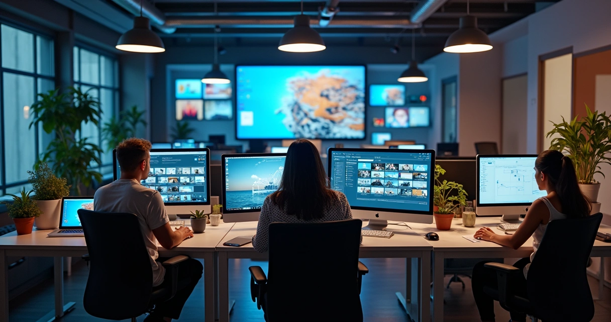 Agency team producing video cuts in a work environment 