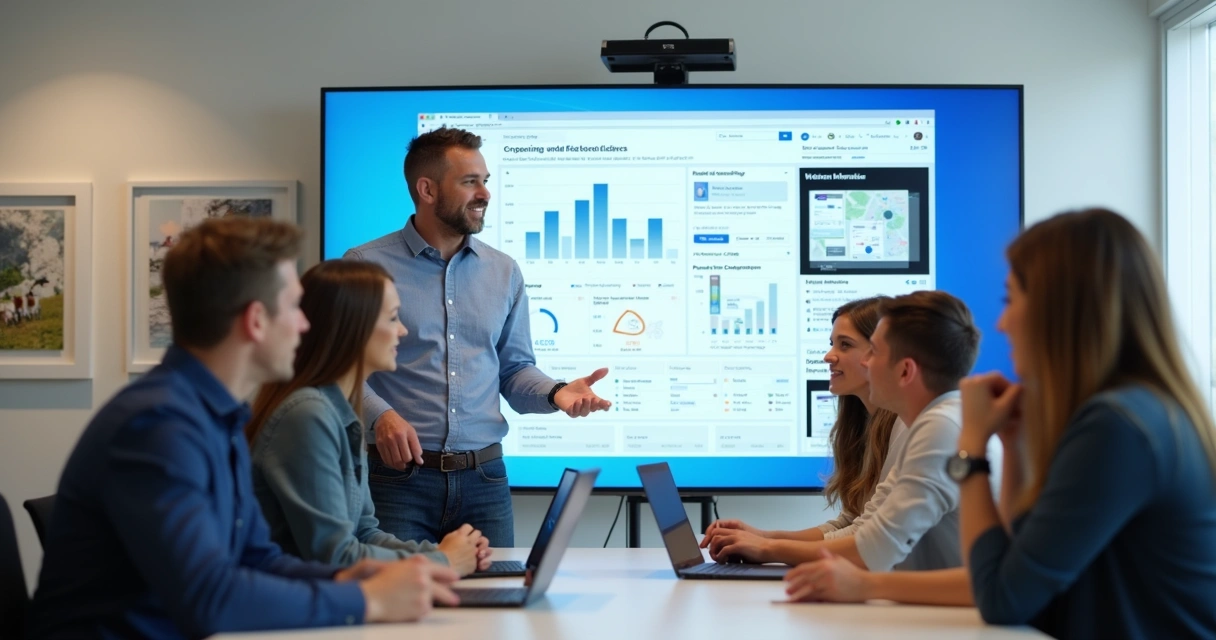 Agency team presenting Facebook ad campaign results with AI analytics on large display. 