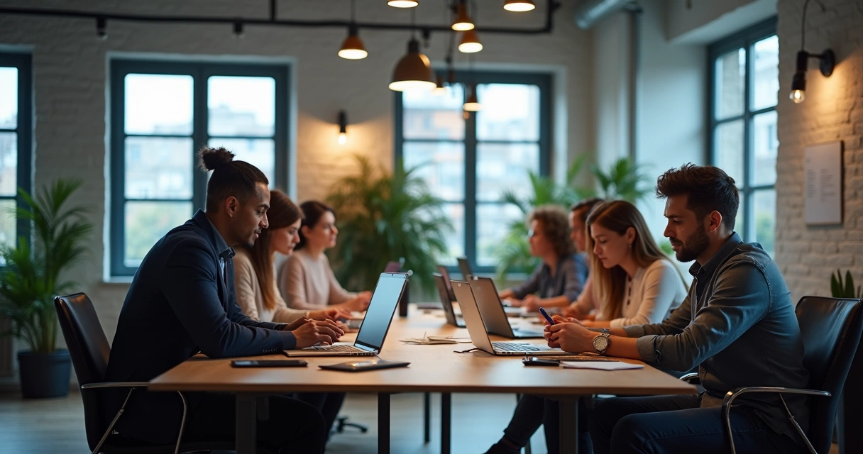 Agency team on one side, freelance developer on other at shared desk 