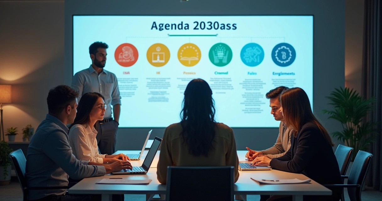 Profissionais de TI reunidos com gráficos da Agenda 2030 ao fundo 