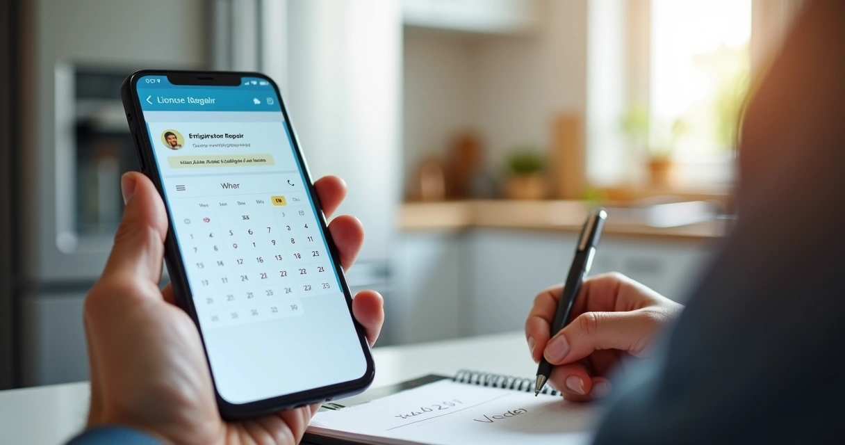 Pessoa agendando assistência técnica de geladeira pelo celular 