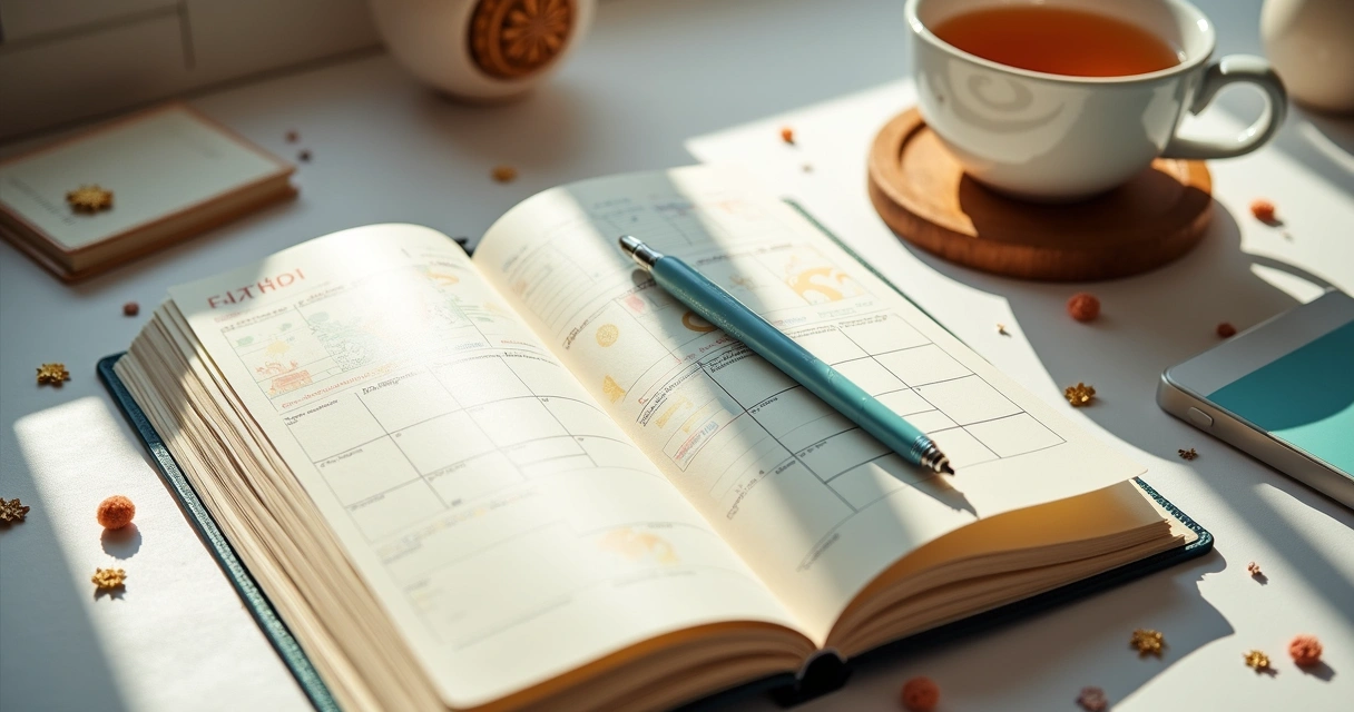 Desk com agenda, caneta e símbolos de astrologia ao lado