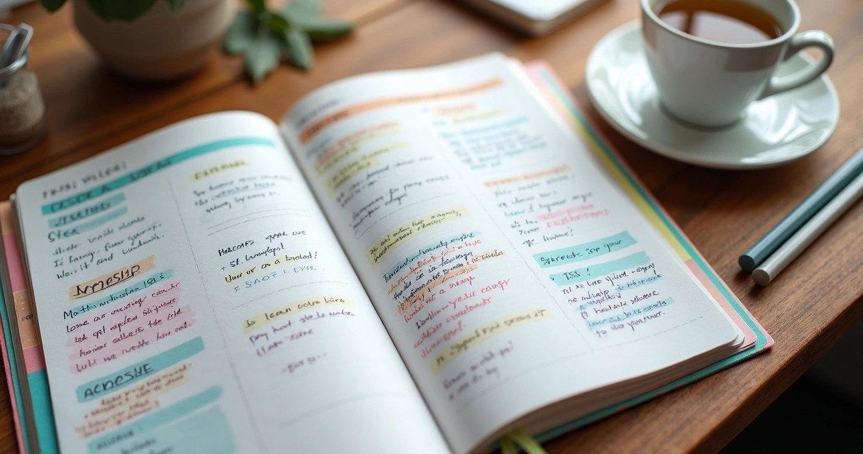 Agenda aberta com marcações coloridas de atividades de autocuidado na rotina diária 