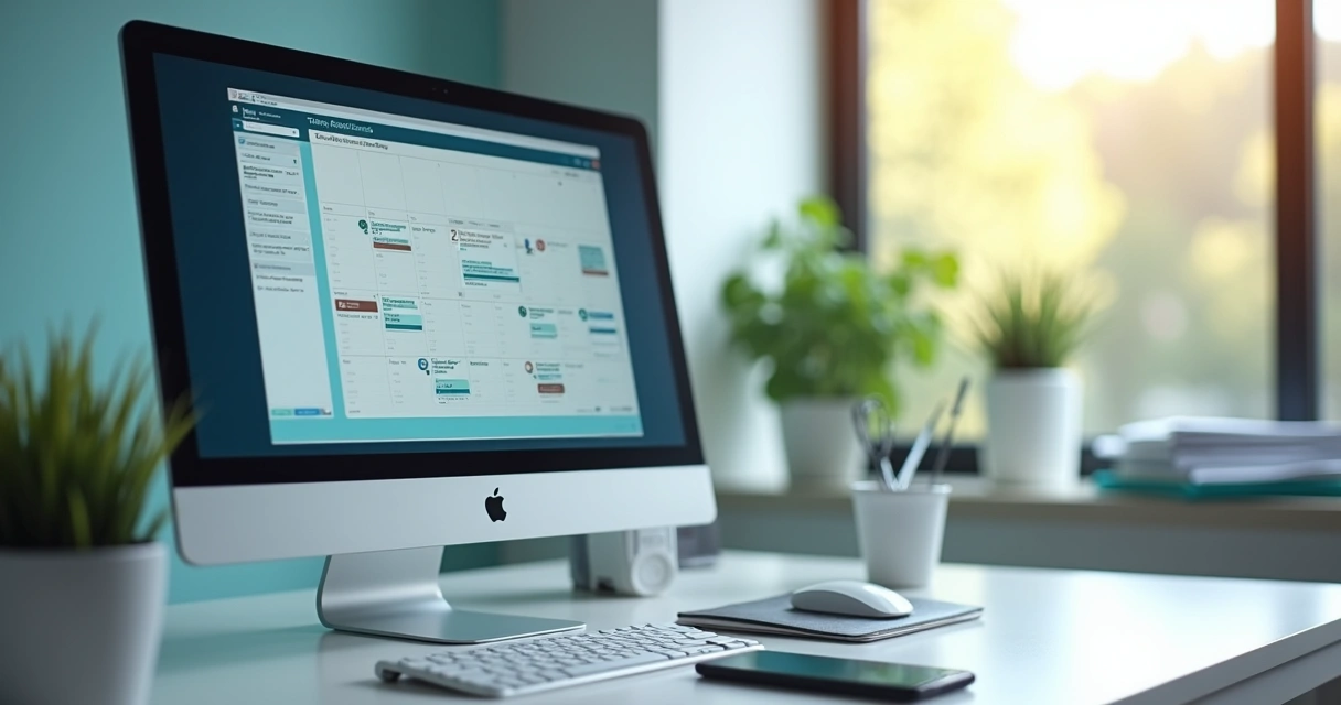 Visão superior de uma agenda digital aberta com notificações de mensagens do WhatsApp ao lado de uma mesa de consultório 