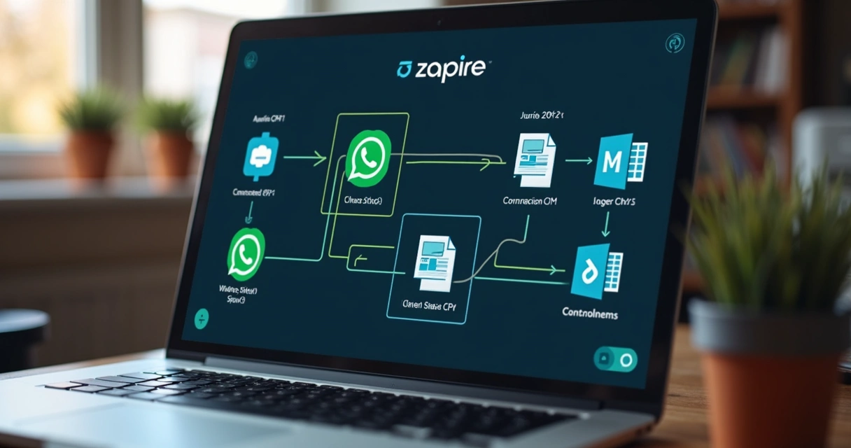Tela de computador com automação de vendas conectando CRM, WhatsApp e planilhas 