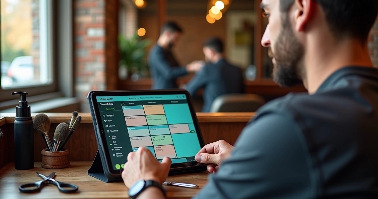 Barbeiro usando tablet com agenda digital 