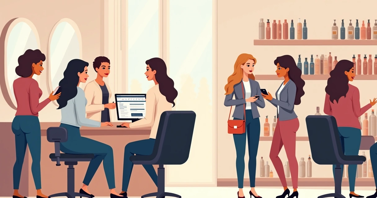 Recepcionista em salão de beleza com agenda cheia e clientes esperando 