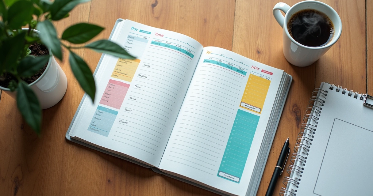 Agenda aberta com blocos de horários coloridos e uma xícara de café ao lado 