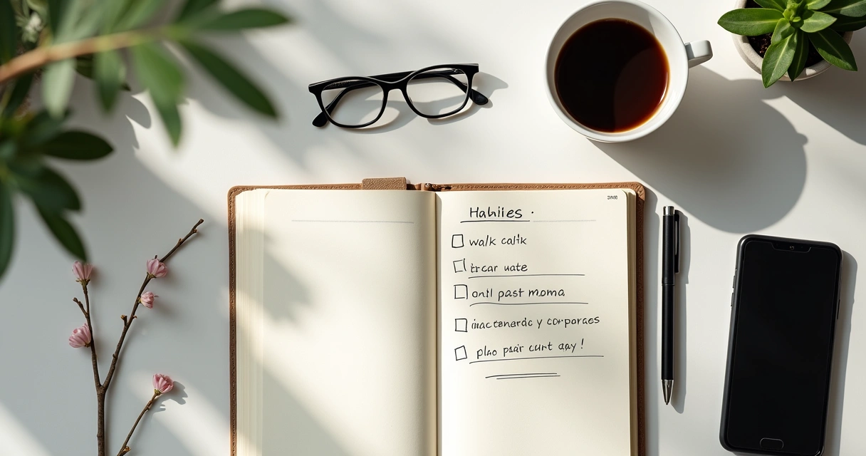 Agenda aberta com café e lista de hábitos