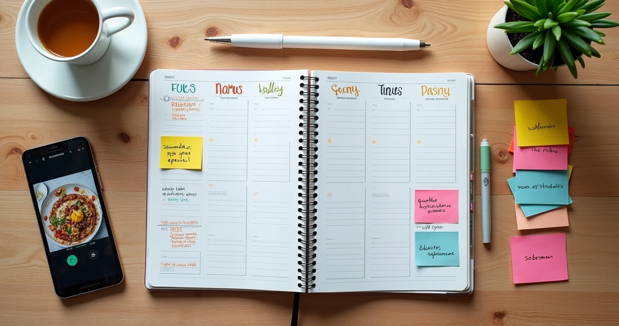 Calendário semanal com anotações coloridas de vídeos curtos de alimentação