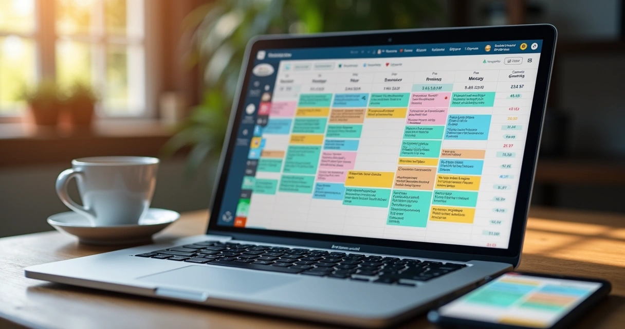 Tela de laptop mostrando agenda de campanha política detalhada, calendário com eventos marcados 