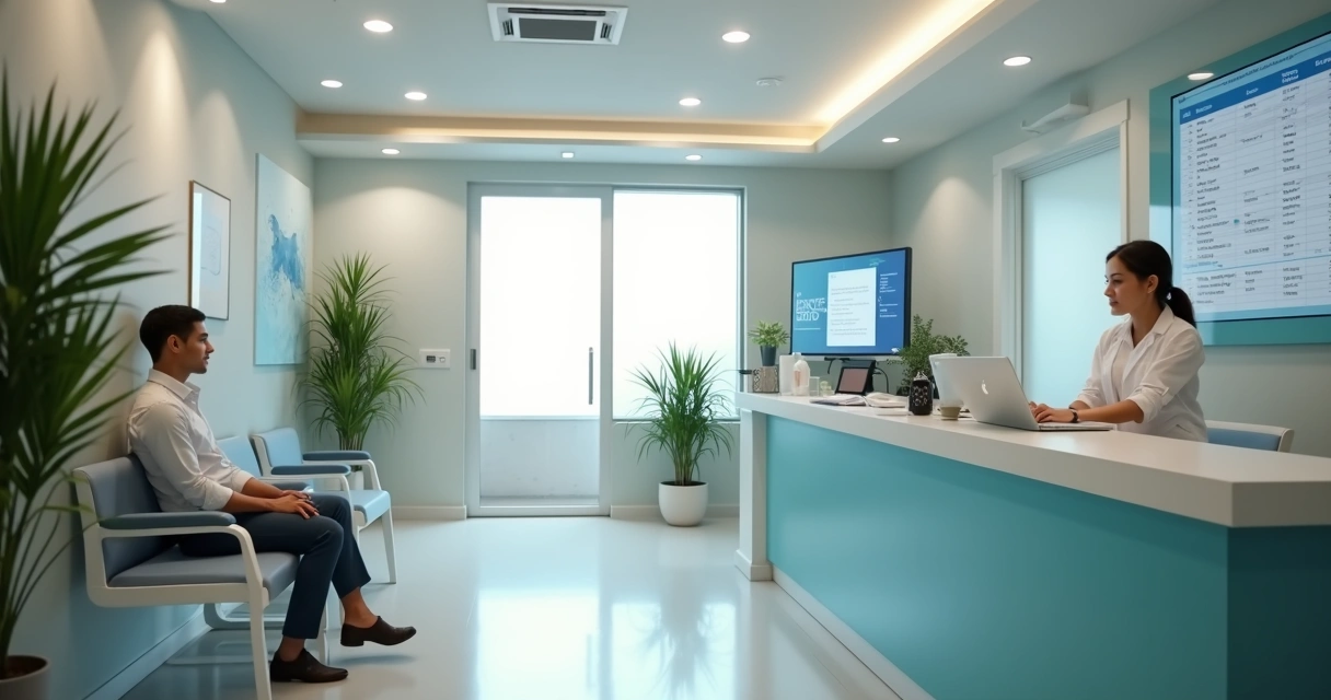 Recepção de clínica odontológica com agenda organizada e fluxo de pacientes 