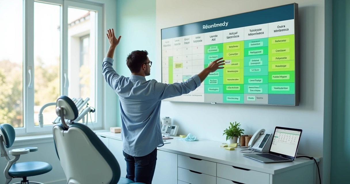 Gestor de clínica odontológica comemorando agenda cheia em painel colorido 