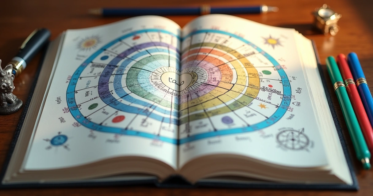 Agenda aberta com ciclos astrológicos desenhados em cores 