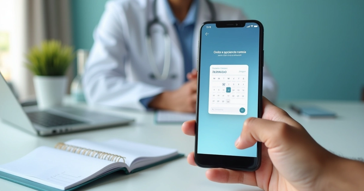 Celular com agenda médica e paciente preenchendo dados