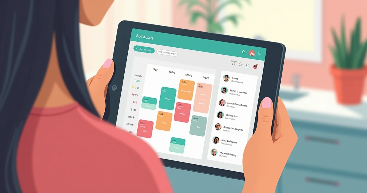 Profissional conferindo agenda digital com clientes agendados na tela 