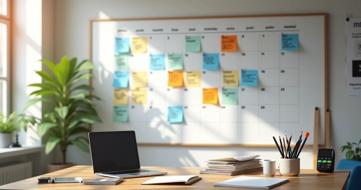 Calendário colorido em parede com agenda de cobranças recorrentes organizada 