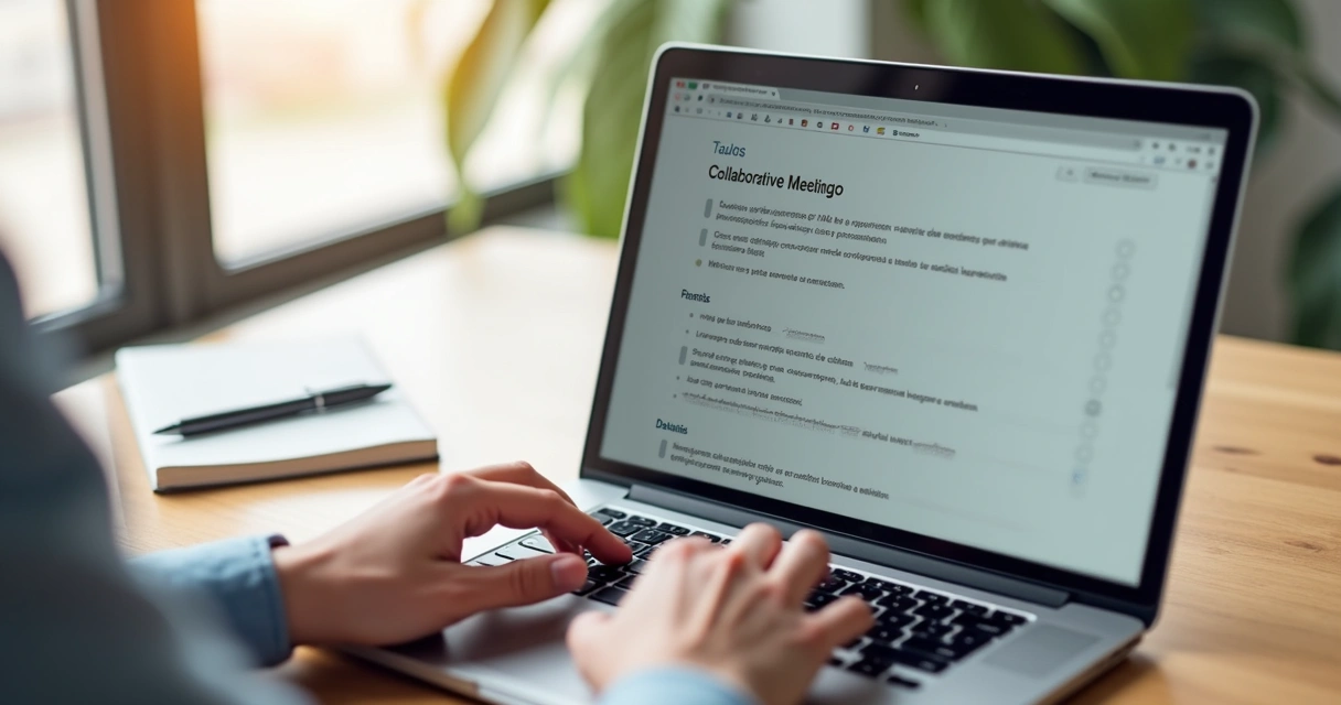 Agenda colaborativa aberta em notebook com mãos digitando 