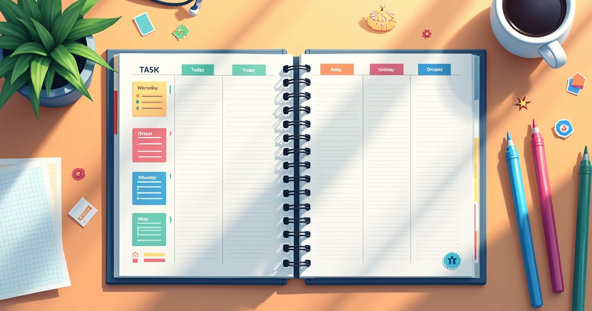 Agenda aberta destacando tarefas em diferentes cores e símbolos