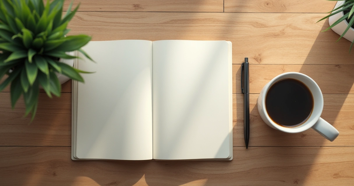 Caderno aberto com caneta ao lado de uma xícara de café, em mesa de madeira clara 