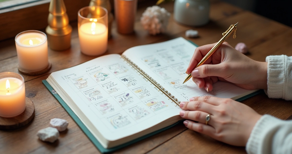 Mão feminina escrevendo metas mensais em agenda com símbolos de numerologia 
