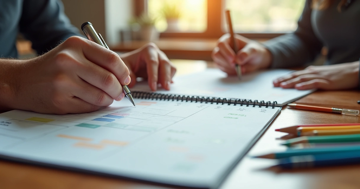 Mãos de casal marcando compromissos em agenda compartilhada 