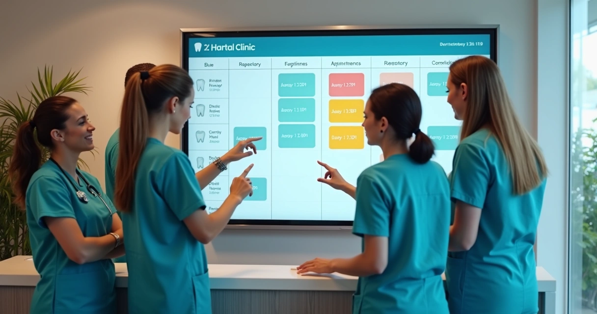 Equipe da clínica consultando agenda digital compartilhada 