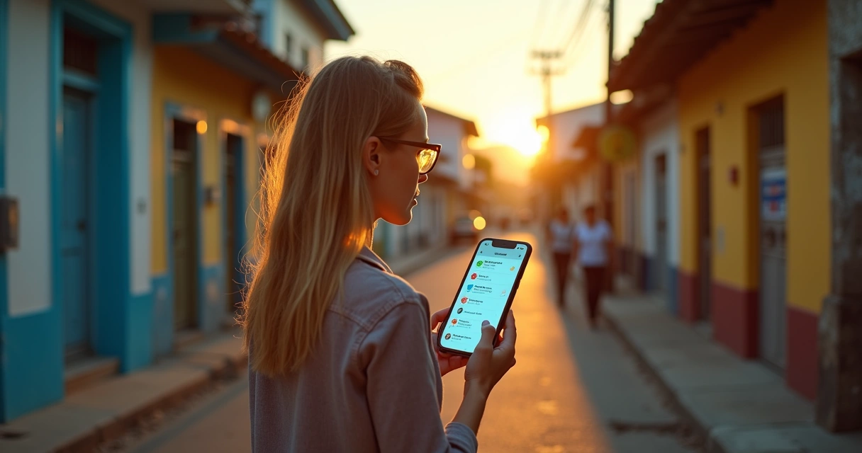 Assessora política conferindo agenda compartilhada em smartphone durante caminhada por bairro 