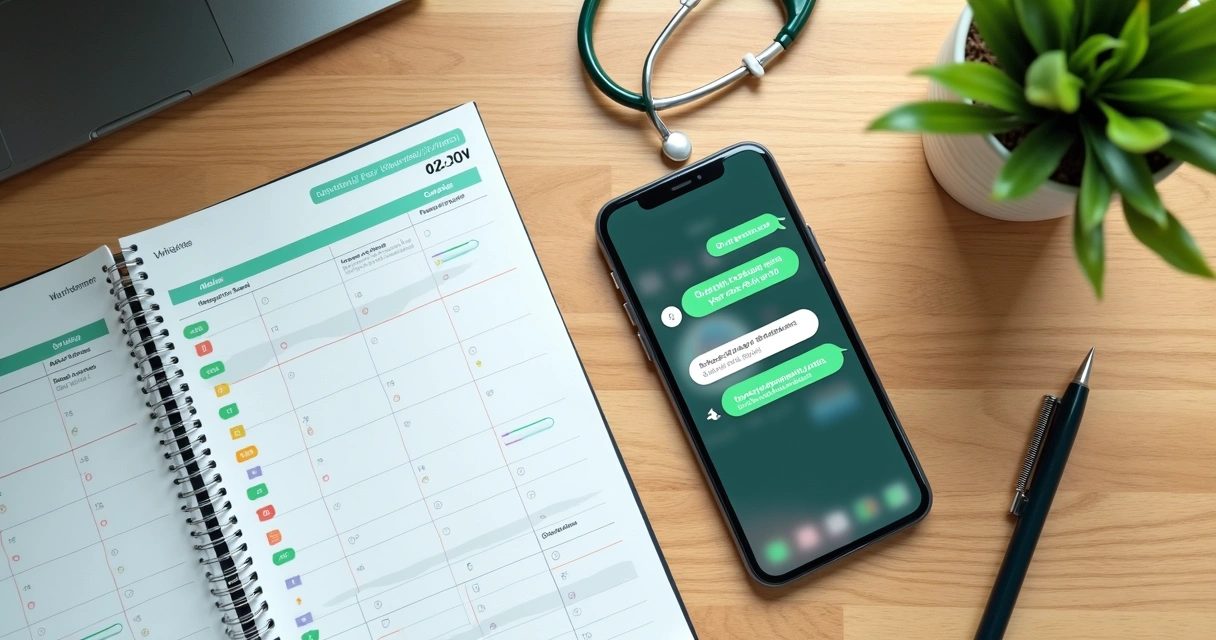 Tela de celular com confirmação de agendamento ao lado de agenda aberta sobre mesa clara 
