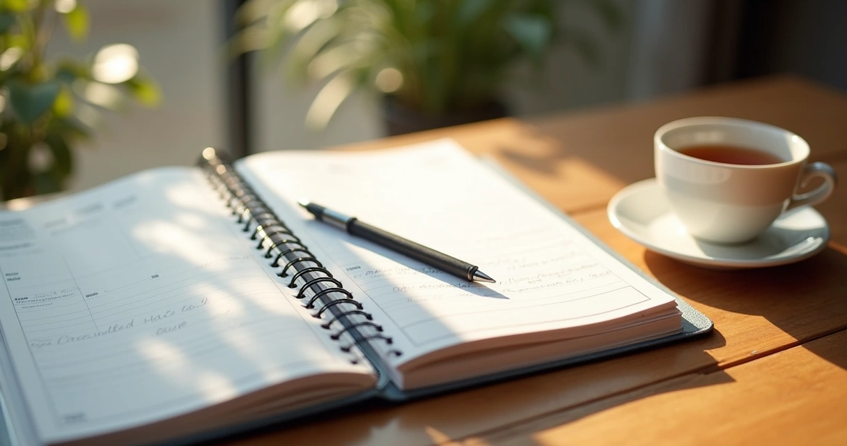 Agenda aberta sobre mesa com caneta ao lado e luz suave 