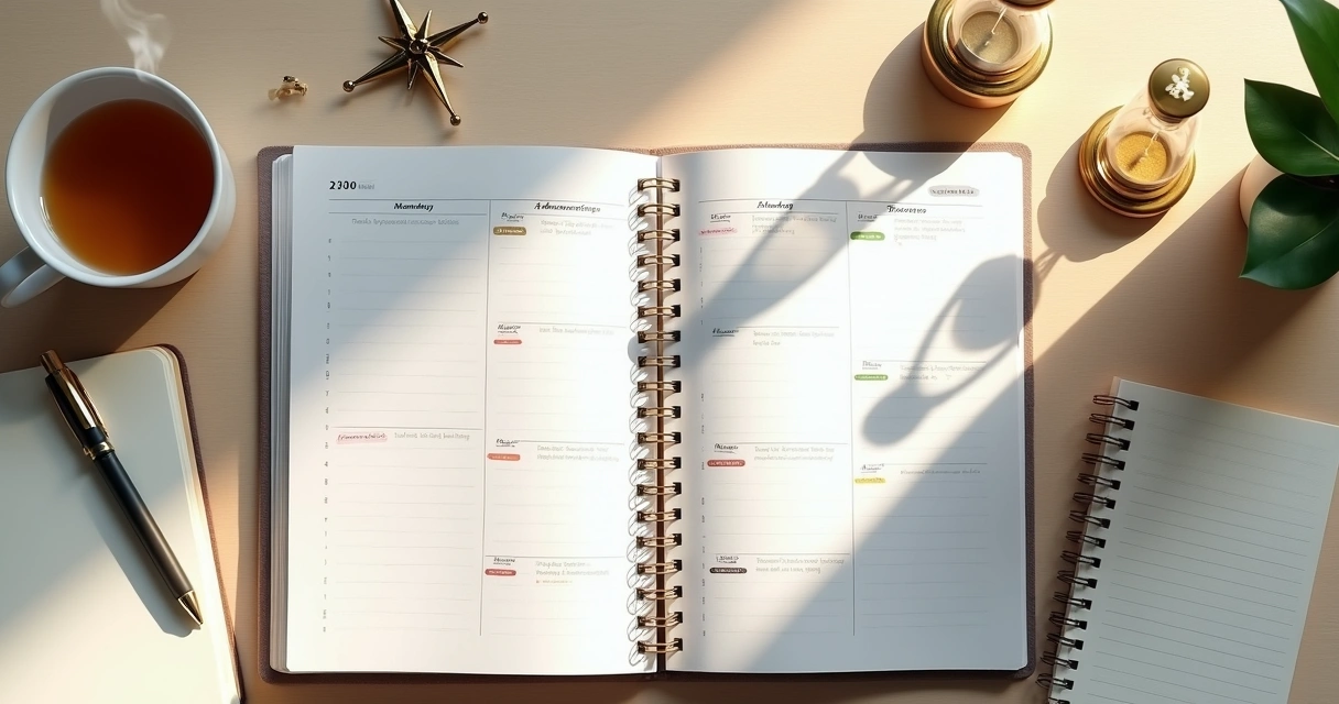 Agenda semanal aberta ao lado de bússola e ampulheta sobre mesa clara 
